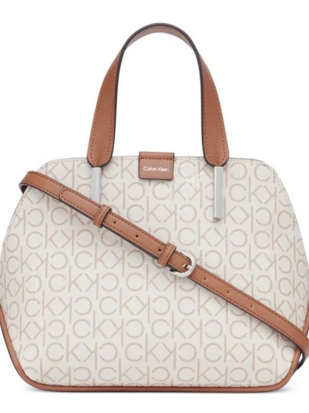 NWOT. CALVIN KLEIN Audrey Cream Satchel with Tan Trim